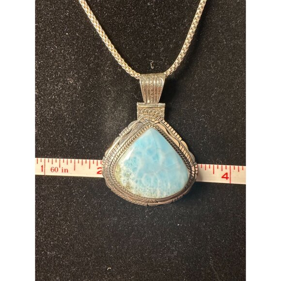 Sterling Silver and Larimar Pendant on Sterling 17 inch Chain 37 grams - Picture 4 of 7